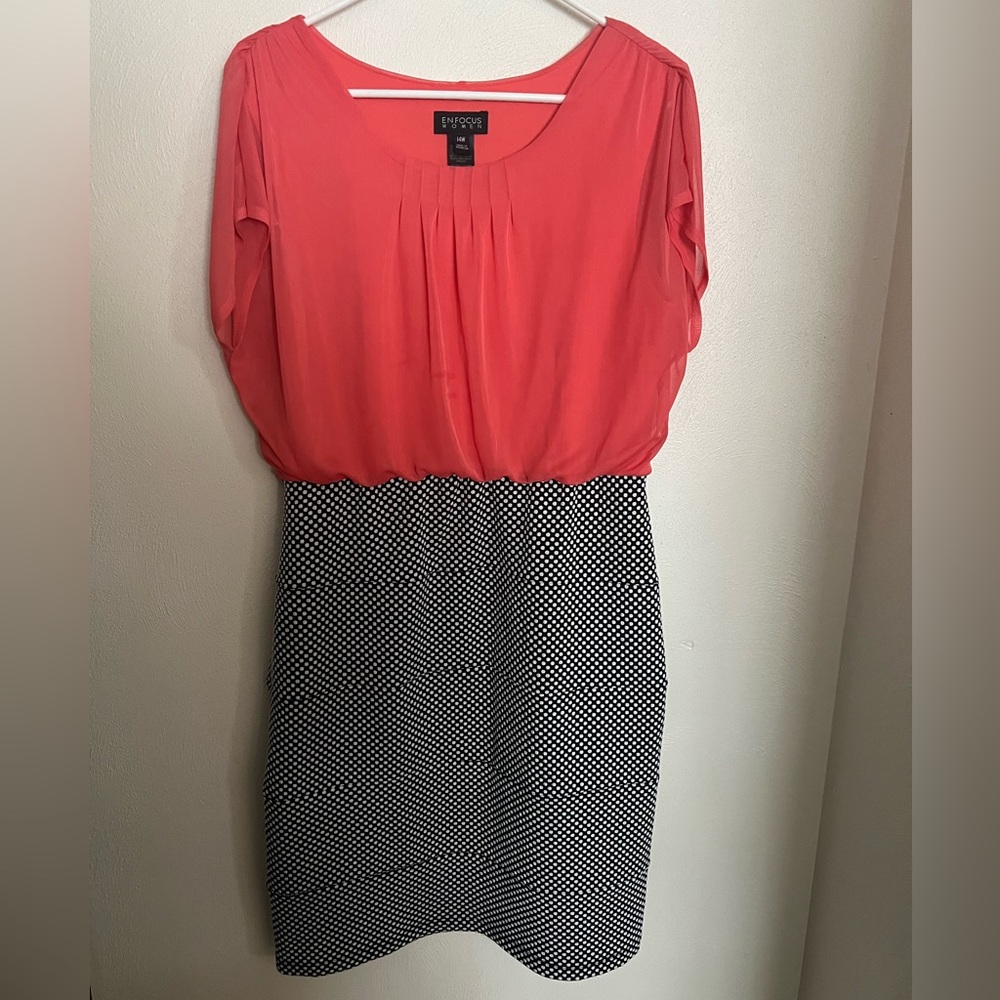 EN FOCUS WOMEN Classic Polka Dot and‎ Blouse Top Dress Navy Blue Orange Wms 14W